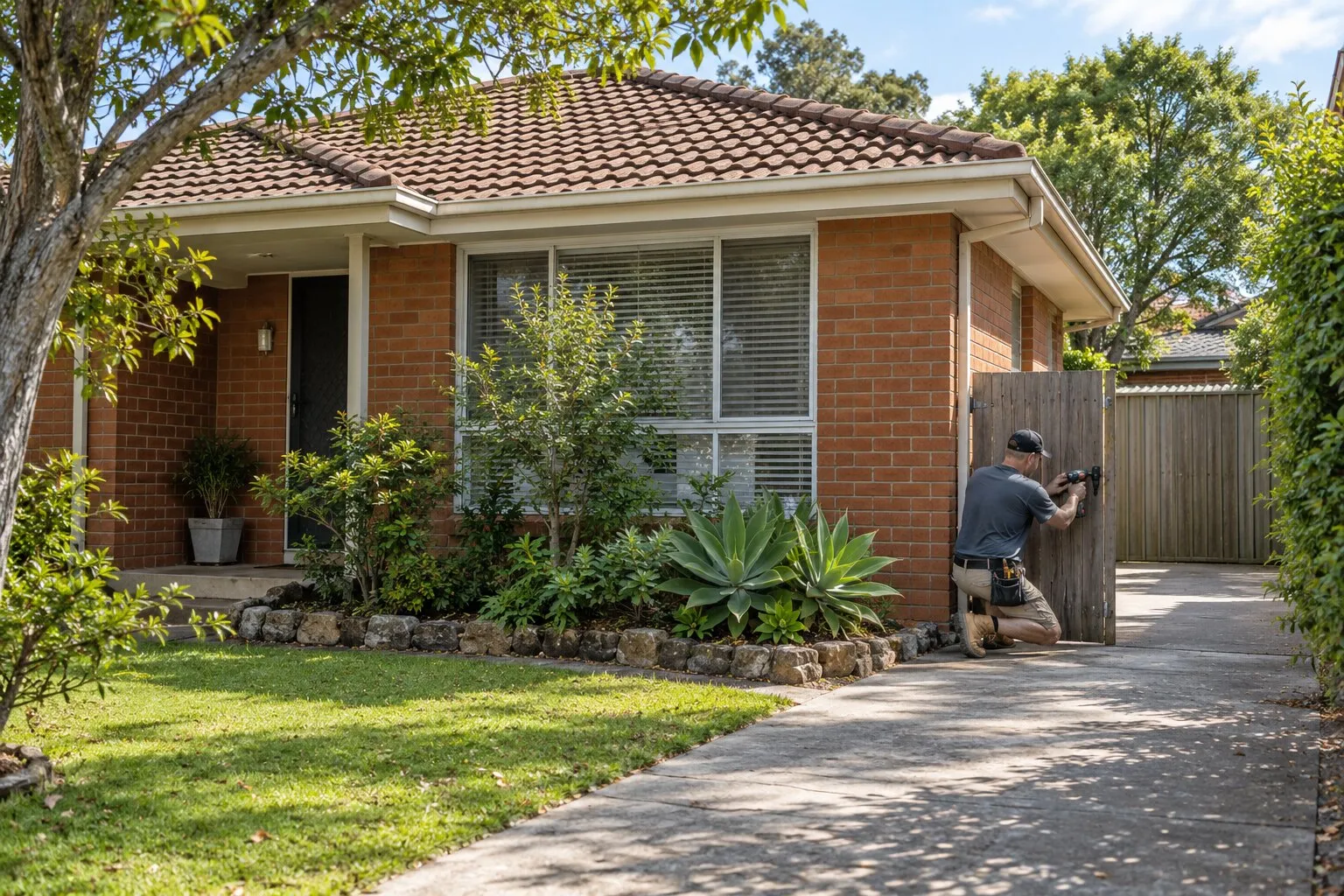 Rental maintenance, Bankstown: brick home, garden and timber gate