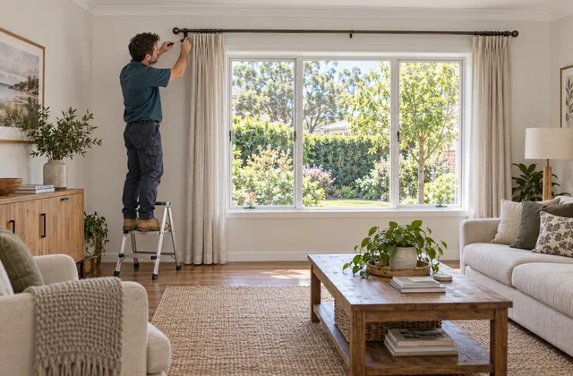 A screwdriver securing a curtain rod bracket beside an interior window