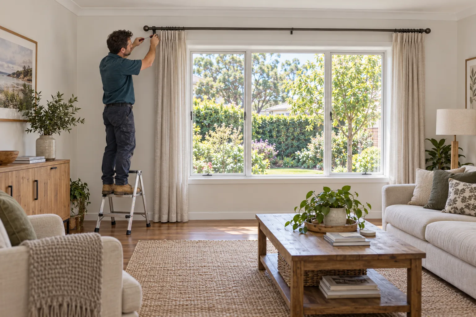 A screwdriver securing a curtain rod bracket beside an interior window