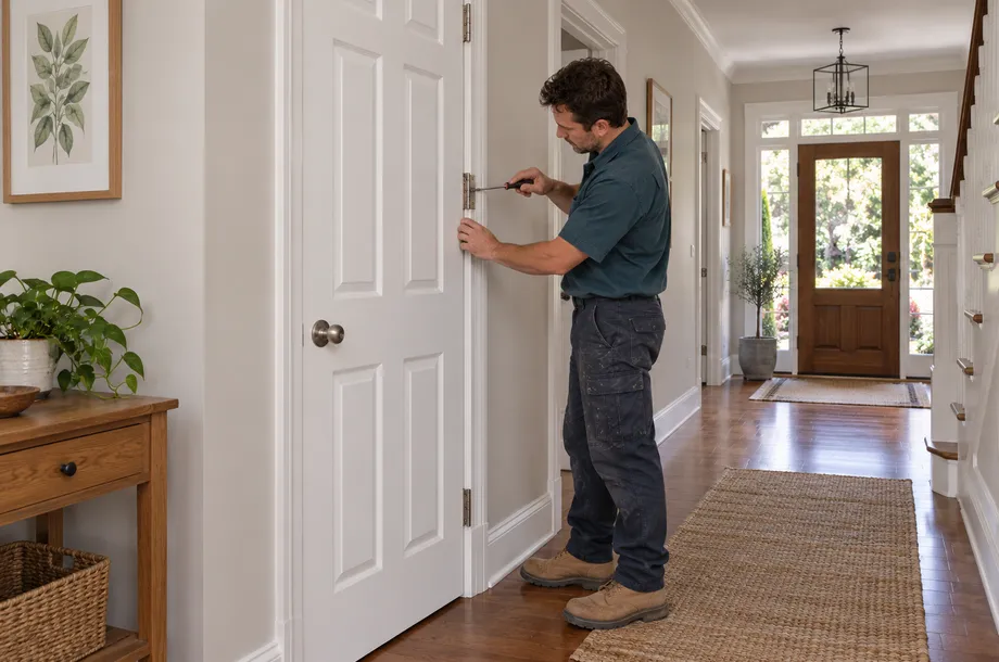 A screwdriver tightening a hinge screw on a timber door