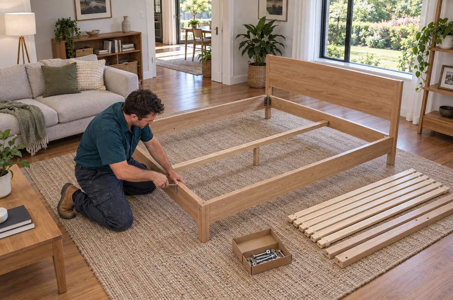 A handyman assembling a timber bed frame in a home