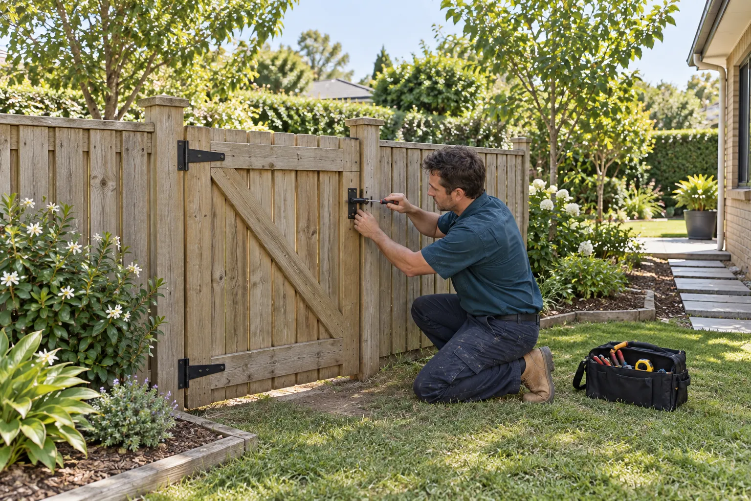A screwdriver adjusting a latch on an ordinary timber garden gate