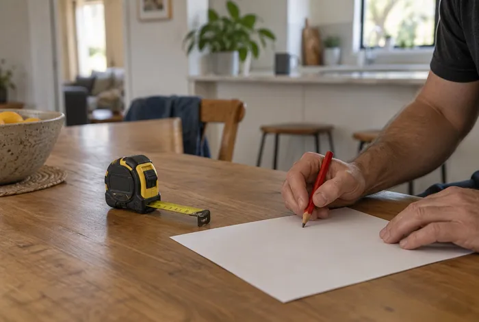 Handyman cost, Bankstown: tape measure and notes on a timber table