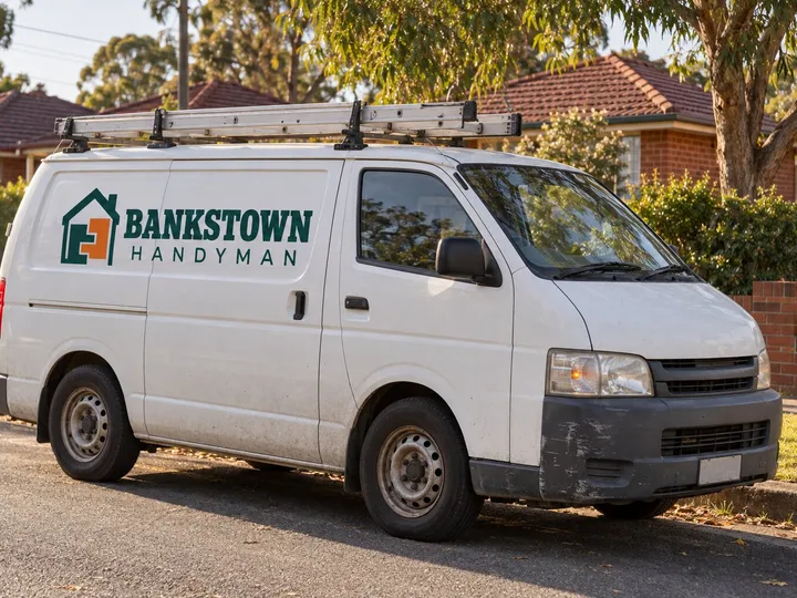 Bankstown Handyman branding on a used white panel van with a ladder rack