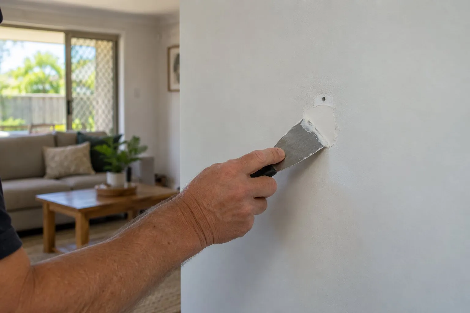 End-of-lease wall repair, Bankstown: filling a small hole in a living room wall