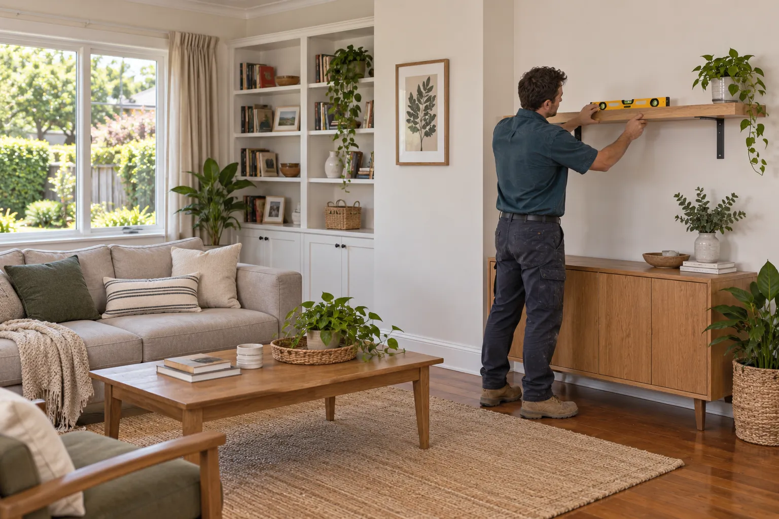 A spirit level checking a shelf mounted on wall brackets
