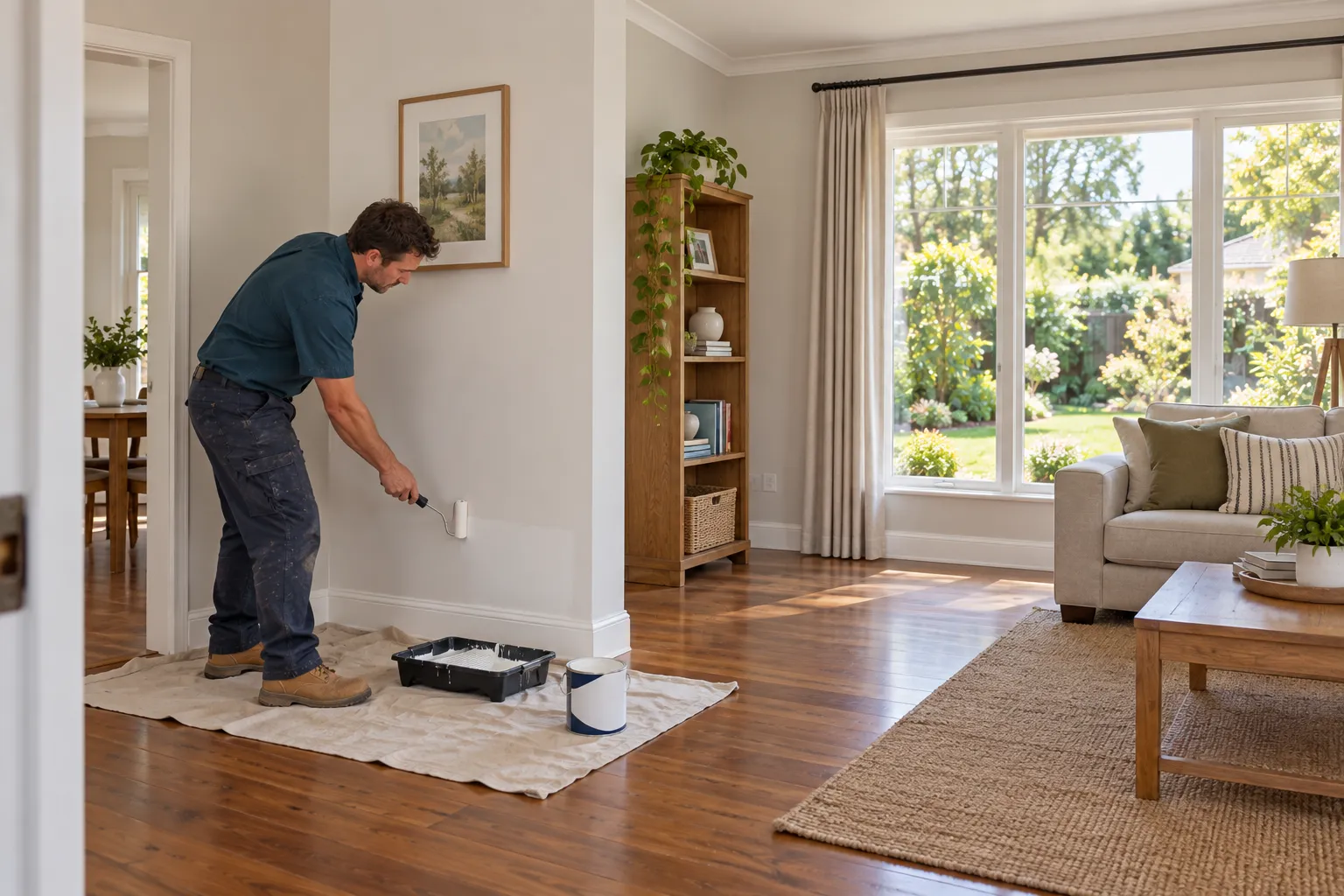 A paint roller touching up a small interior wall above a drop cloth